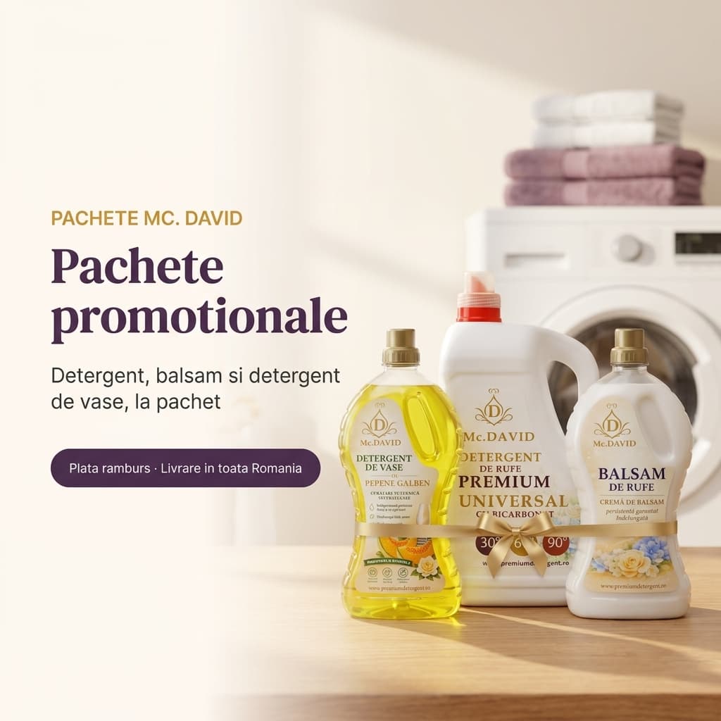 Pachete promotionale Mc. David cu detergent de rufe 5L, balsam de rufe 2L si detergent de vase 2L