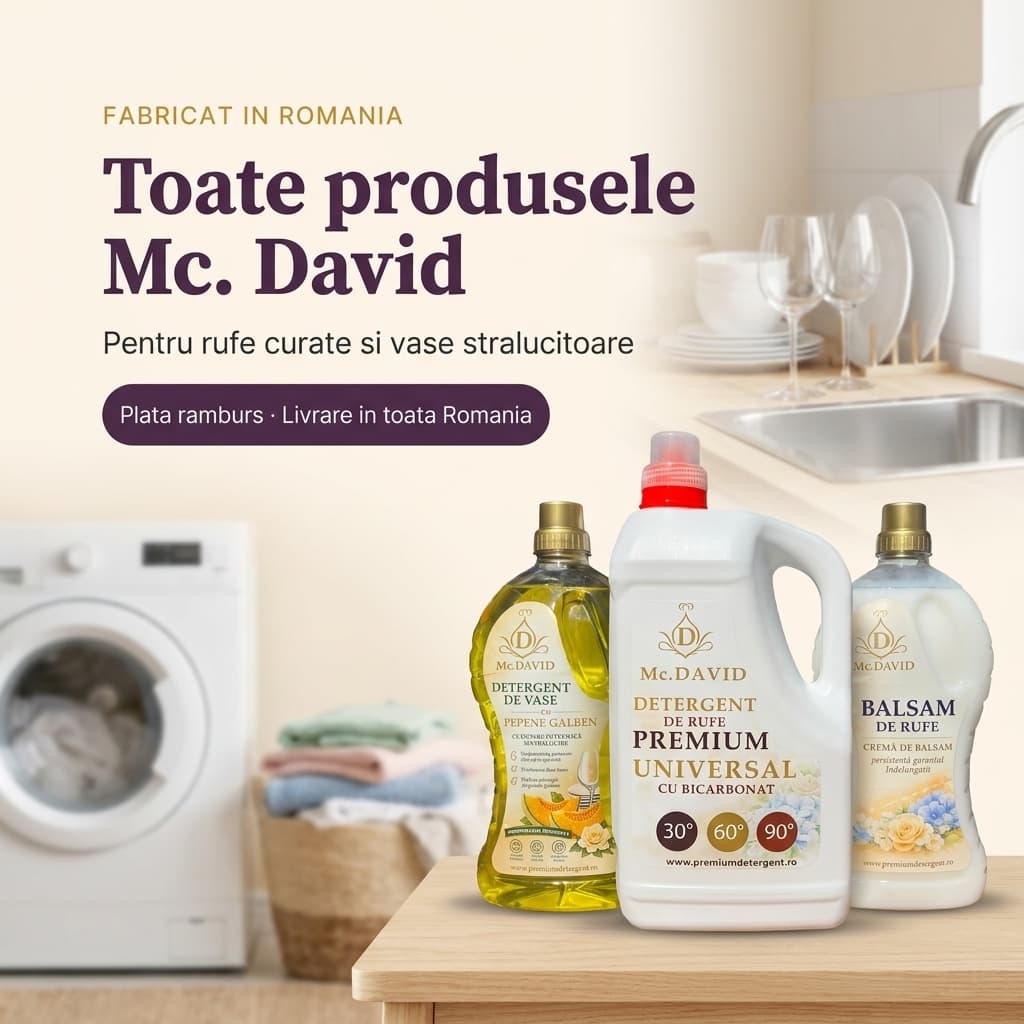 Produse Mc. David detergent lichid de rufe 5L, balsam de rufe 2L si detergent de vase 2L cu pepene galben