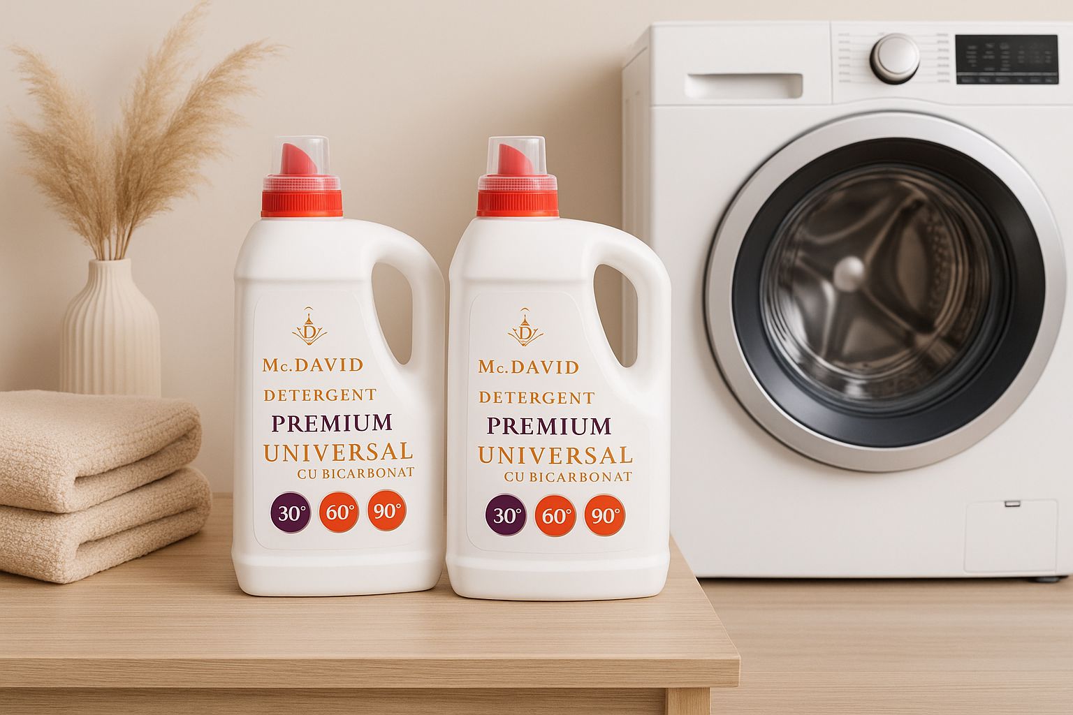 Poza descriptiva cu doua bidoane de detergent si o masina de spalat