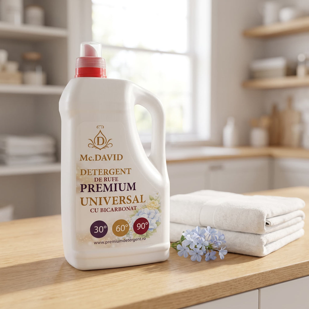 Detergent lichid 5L Mc. David pe blat de stejar, lângă prosoape albe împăturite și flori albastre