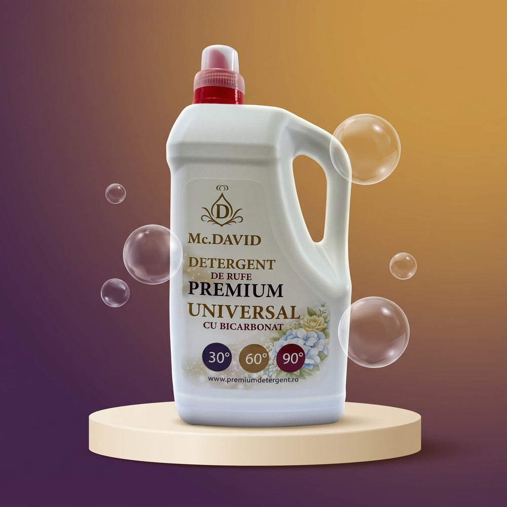 Detergent de rufe premium Mc. David cu bicarbonat, bidon de 5 litri pe piedestal crem, cu bule de săpun