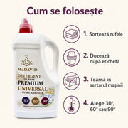 Cum se folosește detergentul lichid de rufe Mc. David: sortare, dozare, turnare în sertar, 30°, 60° sau 90°