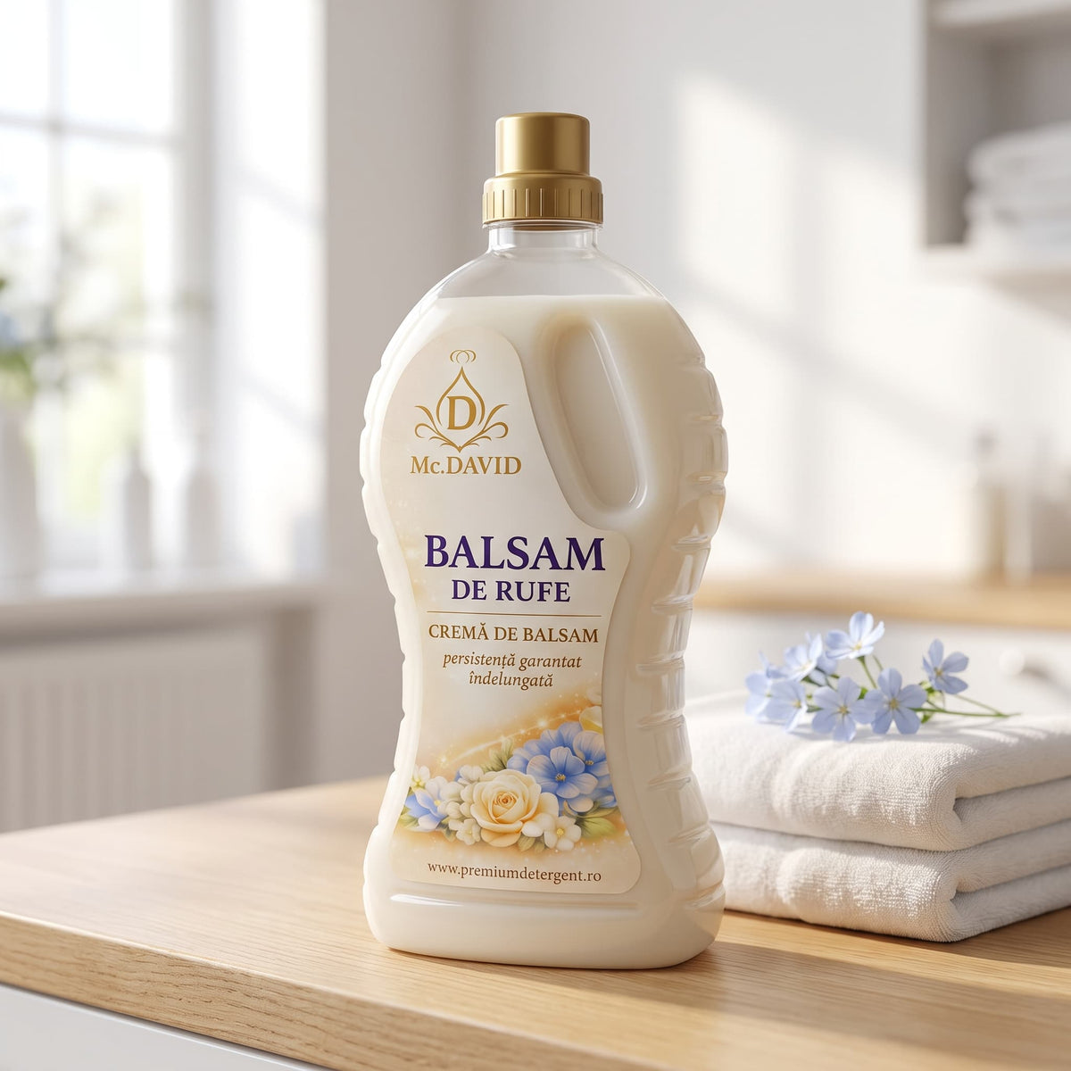 Balsam pentru rufe Mc. David, flacon translucid cu dop auriu pe blat de stejar, lângă prosoape albe și flori albastre