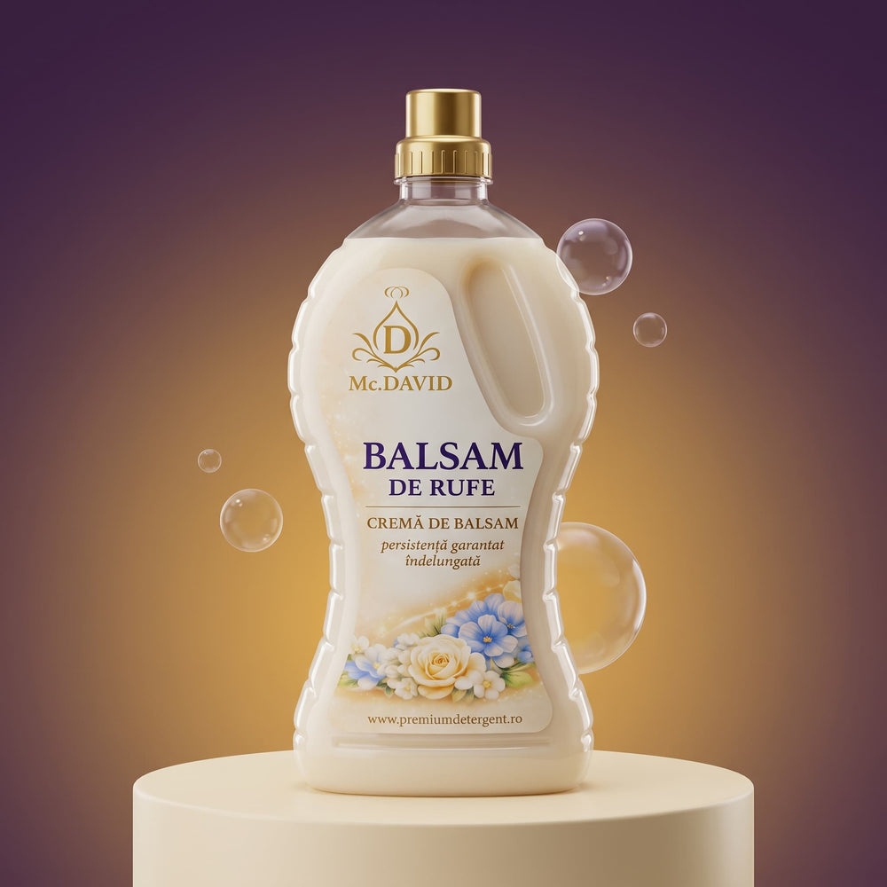 Balsam de rufe parfumat Mc. David pe piedestal crem, fundal prună și auriu, cu bule de săpun
