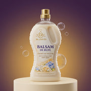 Balsam de rufe parfumat Mc. David pe piedestal crem, fundal prună și auriu, cu bule de săpun