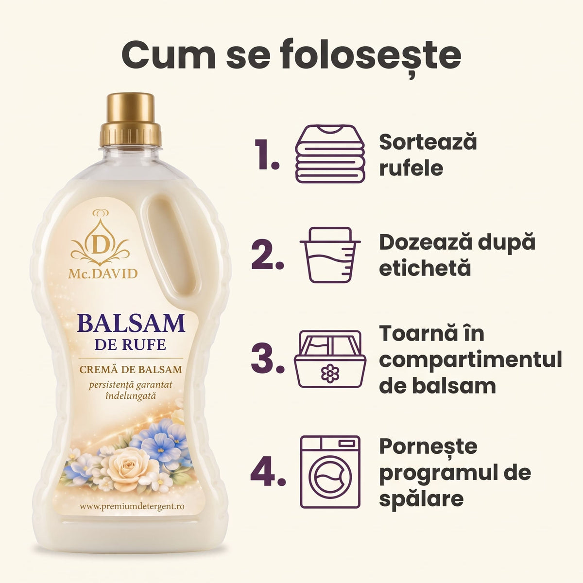 Cum se folosește balsamul de rufe Mc. David: sortare, dozare, turnare în compartimentul de balsam, pornirea spălării