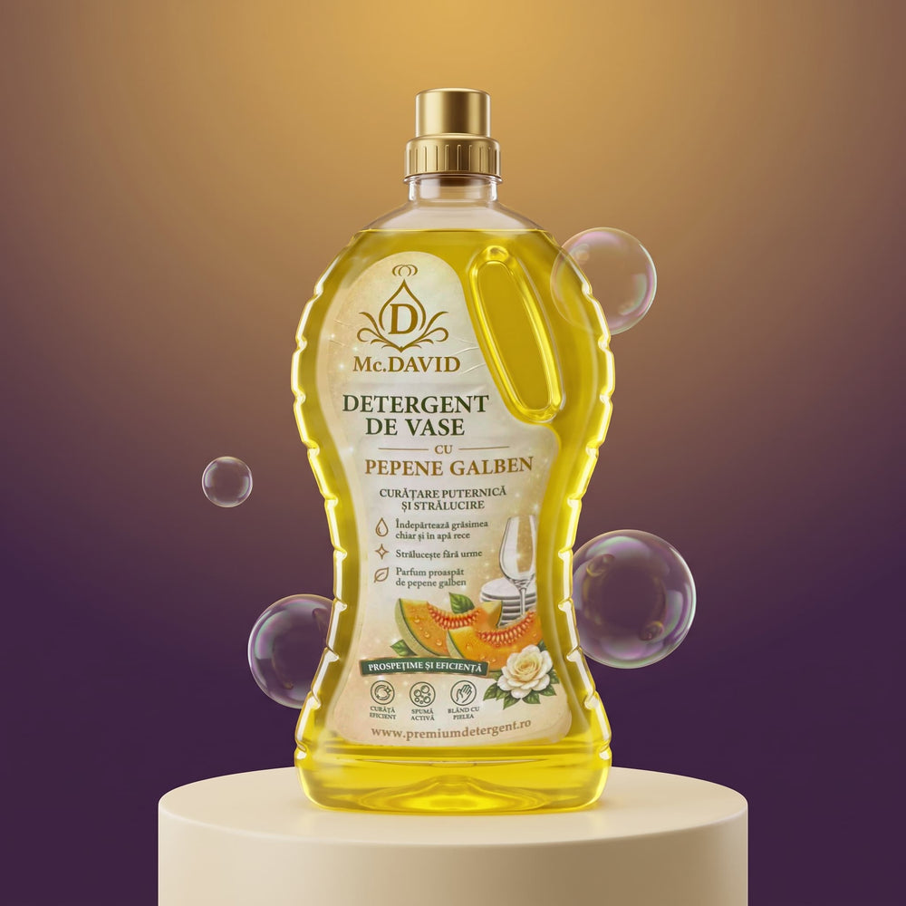 Detergent de vase cu parfum de pepene galben Mc. David pe piedestal crem, fundal prună și auriu, cu bule de săpun