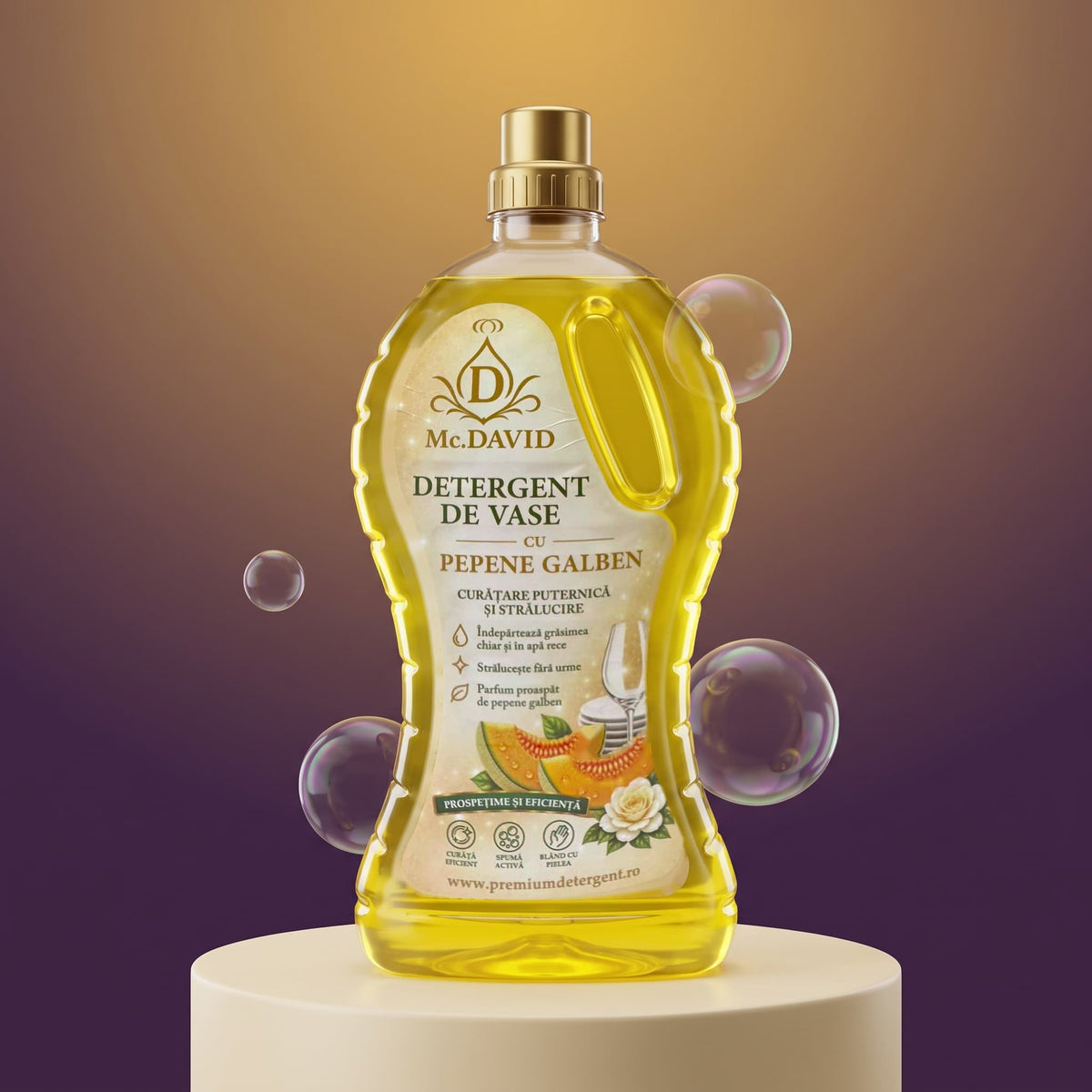 Detergent de vase cu parfum de pepene galben Mc. David pe piedestal crem, fundal prună și auriu, cu bule de săpun