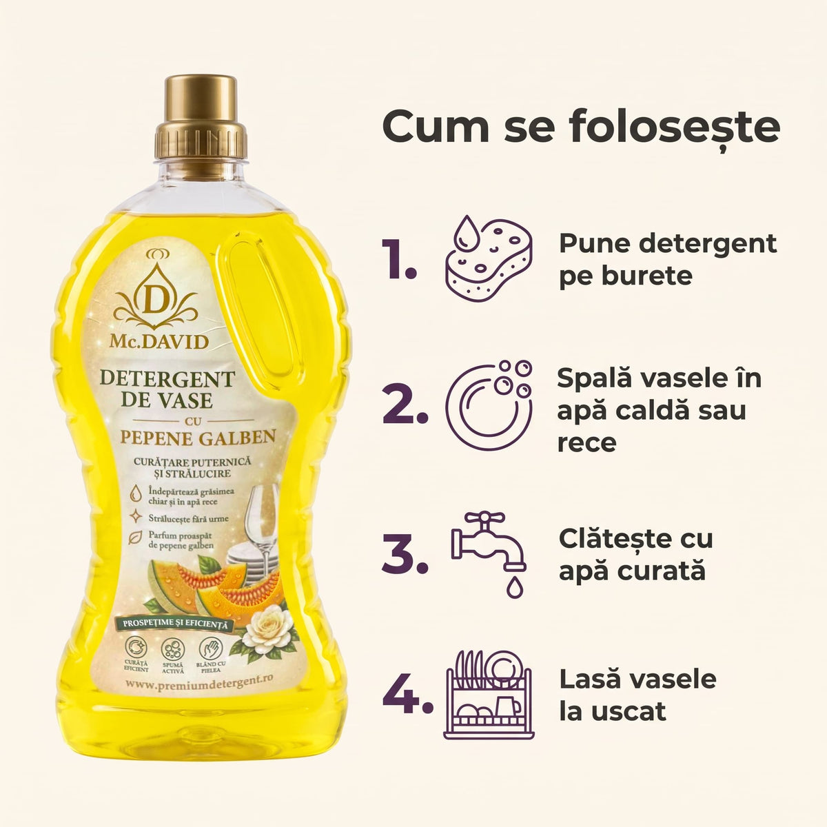 Cum se folosește detergentul de vase Mc. David: pe burete, spălare în apă caldă sau rece, clătire, uscare