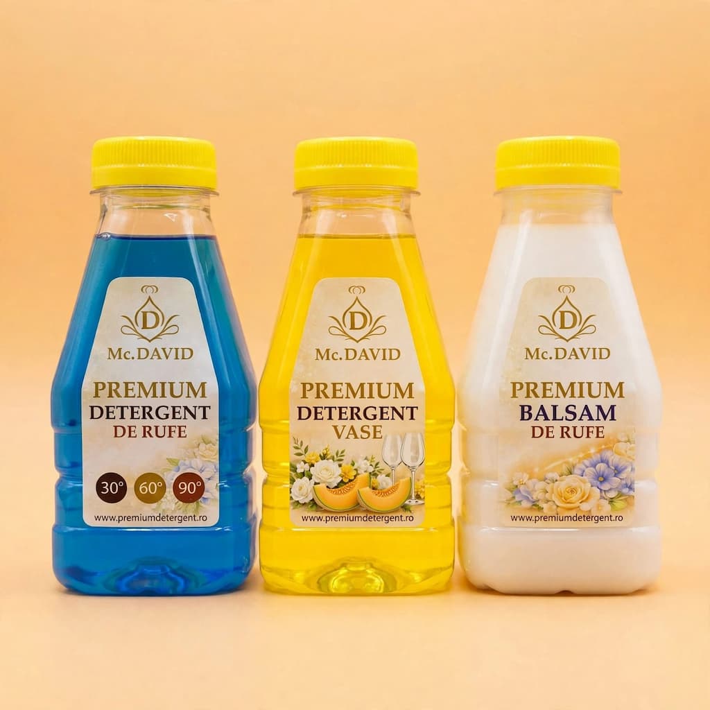 Mostra Mc. David pentru o singura spalare: detergent de rufe 200 ml, balsam 100 ml si detergent de vase 100 ml