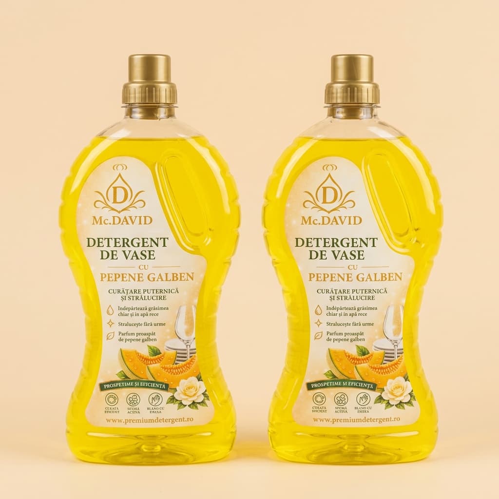 Detergent de vase Mc. David cu pepene galben, flacon transparent cu lichid galben și dop auriu, pe fundal crem