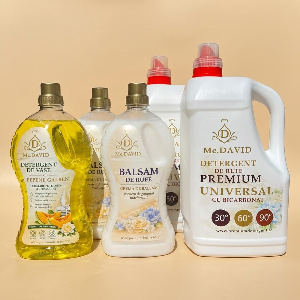 Pachet Family+ Mc. David cu 2 x detergent de rufe 5L, 2 x balsam de rufe 2L si detergent de vase 2L