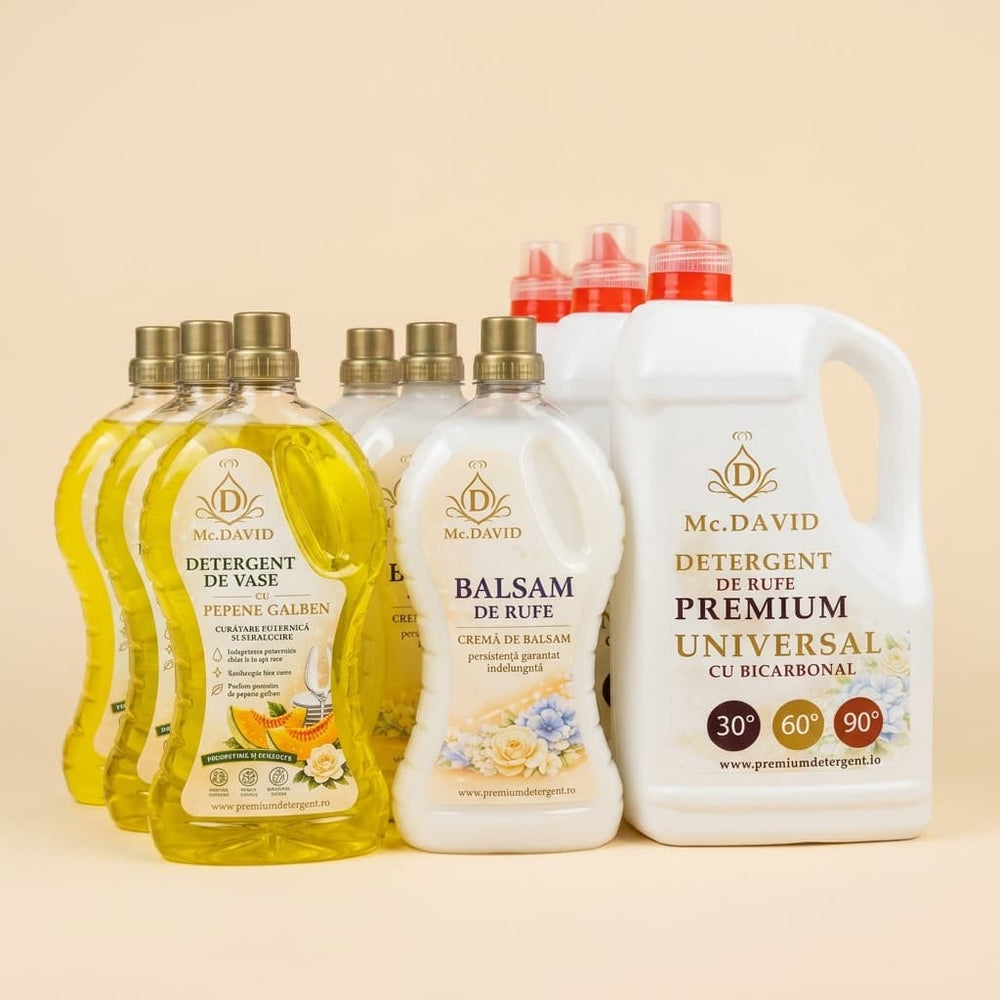 Pachet Mega Mc. David cu 3 x detergent de rufe 5L, 3 x balsam de rufe 2L si 3 x detergent de vase 2L