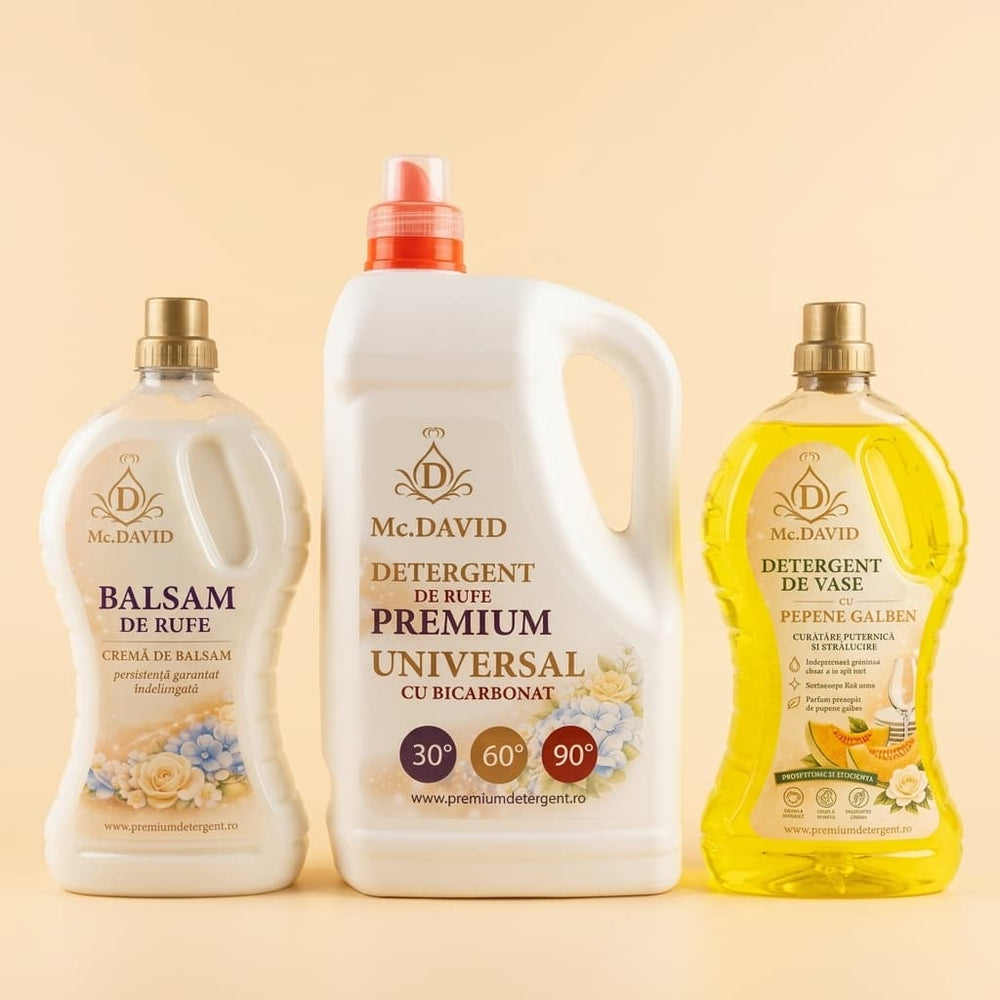 Pachet Trio Mc. David cu detergent de rufe 5L, balsam de rufe 2L si detergent de vase 2L