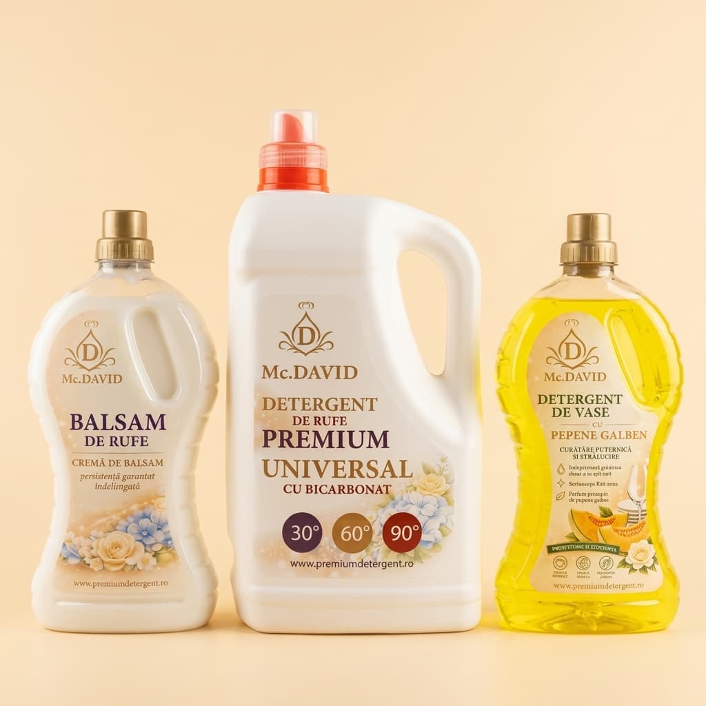Pachet Trio Mc. David cu detergent de rufe 5L, balsam de rufe 2L si detergent de vase 2L