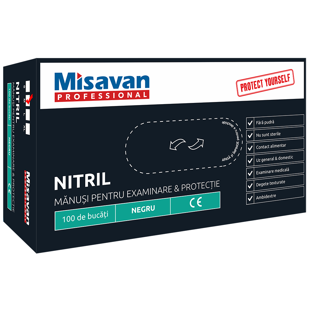 Manuși unică folosință nitril Misavan, M, negru, 100 buc/set - Premium Detergent